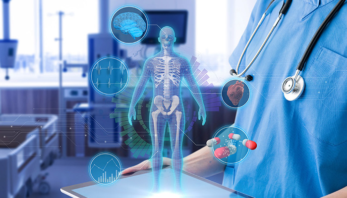 Doctor's torso wearing a stethoscope and holding a tablet with medical images above