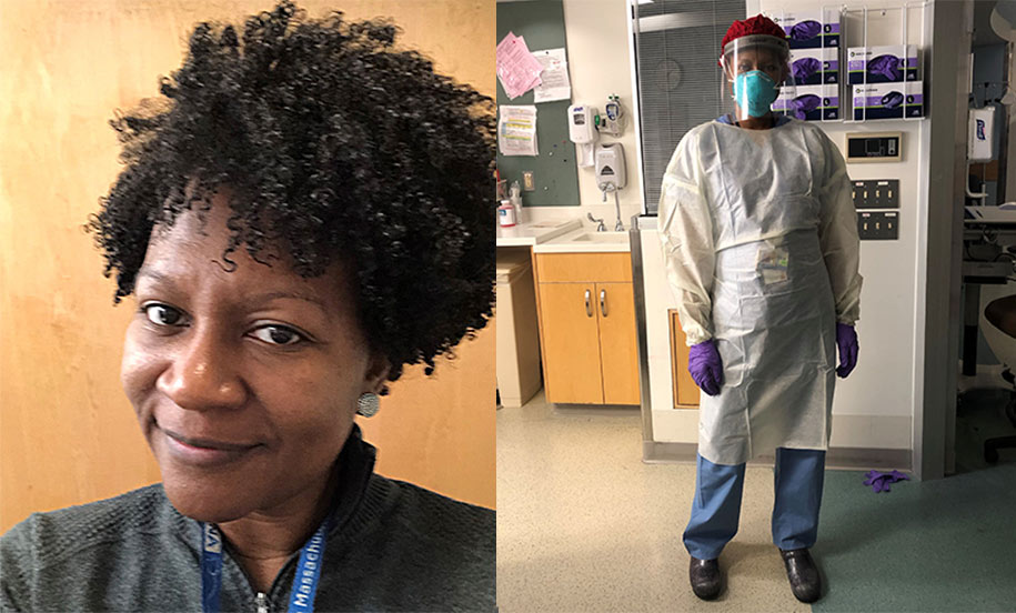 Nurse NaTasha Washington without and with PPE