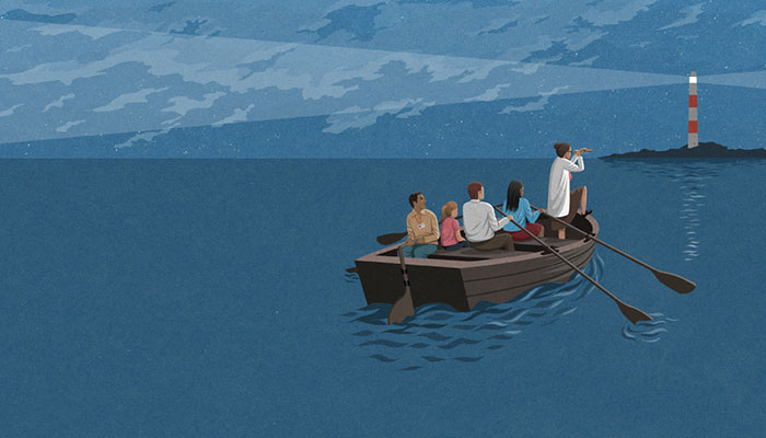 Illustration of people on boat traveling towards a lighthouse