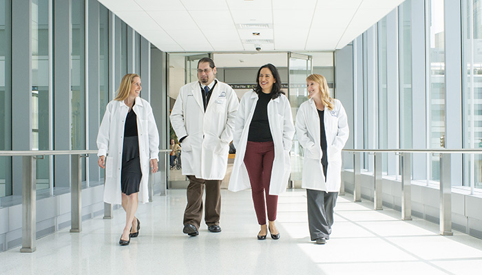 providers walking across bridge