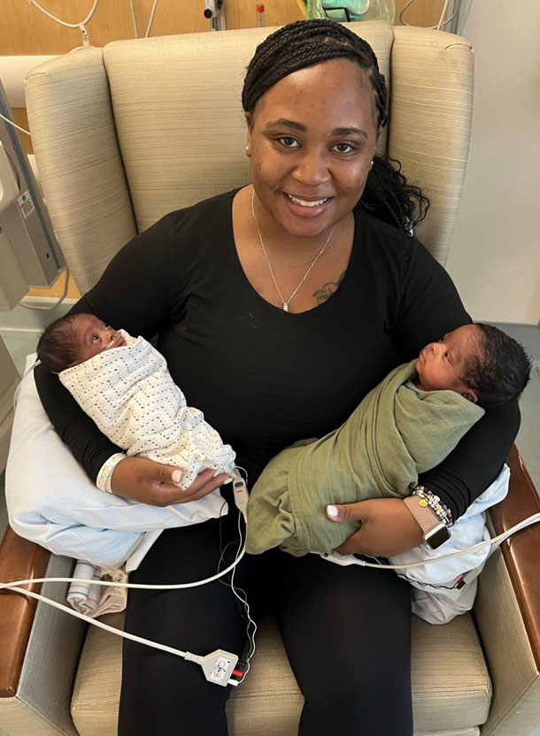 Veronica Schoultz with her twin newborns, Skylynn and Deandre "Deuce" Schoultz