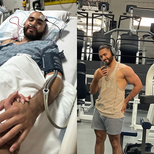 Side by side images of Eric Romero in a hospital bed and at the gym