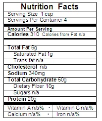 Pasta Salad Nicoise Nutrition Label